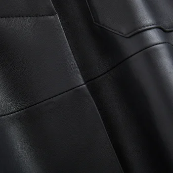Nerazzurri čierne dlhé kožené zákopy srsti ženy s pásom zase dole golier jar faux kožený kabát kožené oblečenie pre ženy