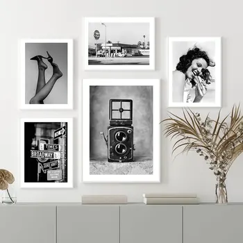 New York Vintage Camera Wall Art Čierne Biele Plátno Na Maľovanie Nordic Plagáty A Vytlačí Moderné Nástenné Obrázok Pre Obývacia Izba Dekor