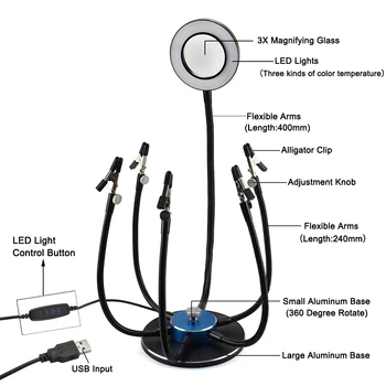 NEWACALOX Spájkovanie Pomocnú Ruku USB, 3X LED Svetlá lupu 6pcs Flexibilné Ramená Rotujúce Base Zváranie Tretej Strane Nástroj