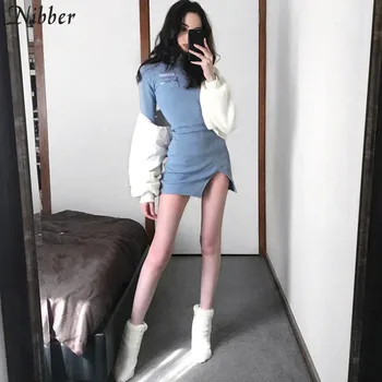 Nibber jeseň Harajuku Zahustiť Zrastov bodycon šaty office turtleneck dlhý rukáv mini šaty Mujer 2019 jeseň zima Bežné šaty