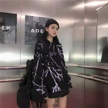 NiceMix Zimné Žien kórejský Iny Harajuku Streetwear Tmavé Lightning Tlač Mikina s Kapucňou Módne Voľné dámske Mikiny