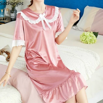 Nightgowns Ženy Ženy Sleepshirts Hodváb Sladké oblečenie pre voľný čas Satin Soft Voľné podkolienok Peter Pan Krku, Čela Čipky Jednoduché, Elegantné Pevné