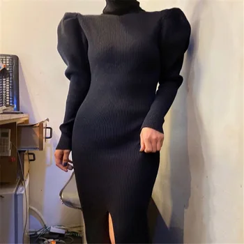 Nomikuma kórejský Turtleneck Slim Split Pletené Šaty Žien Lístkového Dlhý Rukáv Sveter Šaty 2020 Úsek Bodycorn Vestidos 6D211