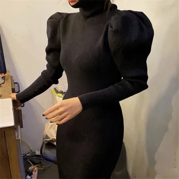 Nomikuma kórejský Turtleneck Slim Split Pletené Šaty Žien Lístkového Dlhý Rukáv Sveter Šaty 2020 Úsek Bodycorn Vestidos 6D211