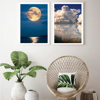 Nordic Oblohe Mesiac Seascape Nepremokavé Plátno Na Maľovanie Krajiny Plagáty Tlačiť Wall Art Obrázky, Obývacia Izba, Spálňa Č Formulár