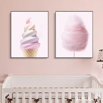 Nordic Plagáty a Vytlačí Ružová Ice Cream vata Plátno na Maľovanie Moderné Nástenné Obraz pre Dievča, Izba Dezert Shop Dekorácie