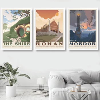 Nordic Vintage Cestovné Plagát Tolkien Stredu zeme kraje ilustrácia Krajiny Umelecké Plátno na Maľovanie obrazov na Stenu Domova