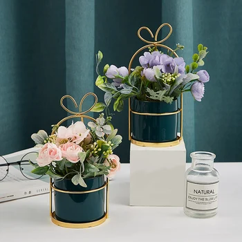 Nordic Štýl Keramické kvetináče Váza Železa Displeja Modul Simulácie Zelené Rastliny, Umelé kvetiny Zmes Domáce Dekorácie