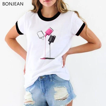 Novinka-biele, ružové a čierne nechty vytlačený 3D T Shirt ženy móde letné tee tričko femme tumblr topy slim t-shirt žena