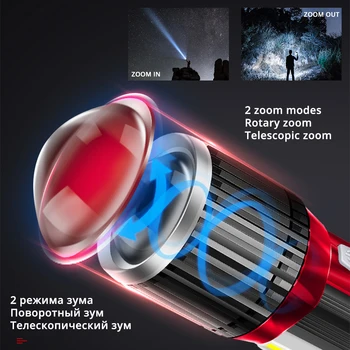 Novinka LED Baterka Rotujúce teleskopická zoom LED Baterkou S bočné svetlo Nabíjateľná Camping svetlo Floodlight Môžete nabiť telefón