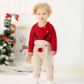 Novonarodené Dieťa, Chlapec, Dievča Teplé Pletené Vianočný Sob Vytlačené Dlhý Rukáv Romper Jumpsuit Oblečenie Set Kostým, Unisex Oblečenie
