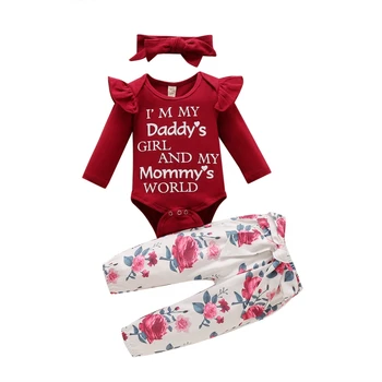 Novorodenca Dievča Roztomilý Oblečenie Sady List Vytlačený Romper + Kvetinový Nohavice + hlavový most Tri-kus Dieťa Jar Jeseň Oblečenie