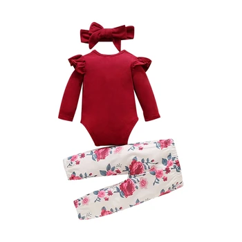 Novorodenca Dievča Roztomilý Oblečenie Sady List Vytlačený Romper + Kvetinový Nohavice + hlavový most Tri-kus Dieťa Jar Jeseň Oblečenie