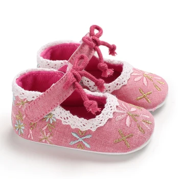 Novorodenca Dievča Sandále vyšívať Bavlnená Tkanina Anti-slip gumy jediným 0-2 Rokov Dojčenská Dievča Topánky Prvý Chodci Batoľa topánky