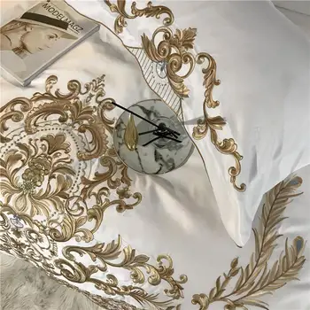 Nová Biela Luxusné Európske Kráľovské Zlaté Výšivky 60. ROKOCH Saténové, Hodvábne Bavlnená posteľná bielizeň Nastaviť Perinu Posteľná Bielizeň Vybavené List obliečky na Vankúše
