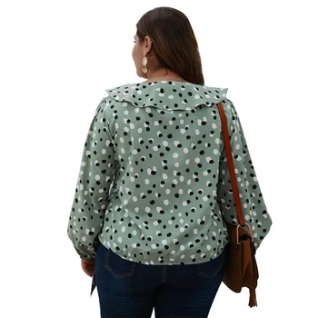 Nová jar, jeseň plus veľkosť topy pre ženy, dlhý rukáv príležitostné voľné V krku bodka veľké tričko top zelená 4XL 5XL 6XL 7XL