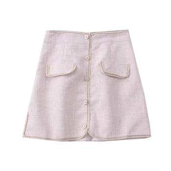 Nová Móda Jeseň Jar Ženy Vrecká Office Lady Mini Vysoký Pás Tweed Elegantné Vlnené Mini Sukne Vintage
