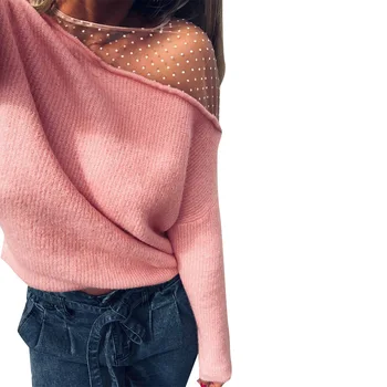Nové 2020 Módne dámske Pletenie Knitwear Dlhý Rukáv Sexy Kolo Krku priehľadné, bez Ramienok voľné sveter topy Ženy Oblečenie