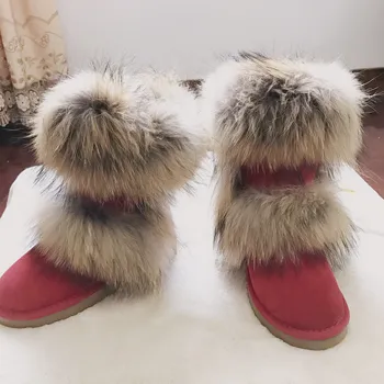 Nové 2020 non-slip fox vlasy lemovaný ozdobnými kožené dámske zimné čižmy dámske topánky prírodná koža dámy sneh topánky
