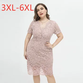 Nové 2021 lete plus veľkosť midi šaty pre ženy, veľký, krátky rukáv slim bežné čipky pink elegantné V krku šaty 3XL 4XL 5XL 6XL