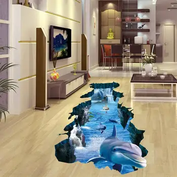 Nové 3D Samolepky na Stenu Dolphin Porušenú Stenu, Vizuálna Ochrany Životného prostredia Nepremokavé Non-slip Obývacej Izby, Spálne Podlahové Samolepky