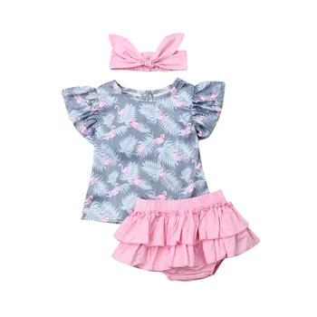 Nové 3ks Sada Dievča Flamingo Tlač Oblečenie, Detské Dievčenské Tričko Top+Volánikmi Šortky hlavový most Novorodenca Oblečenie Nastaviť Dieťa Oblečenie