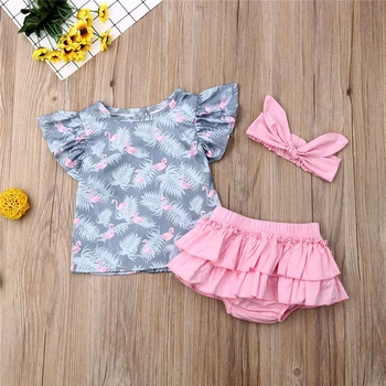Nové 3ks Sada Dievča Flamingo Tlač Oblečenie, Detské Dievčenské Tričko Top+Volánikmi Šortky hlavový most Novorodenca Oblečenie Nastaviť Dieťa Oblečenie