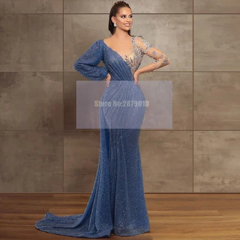 Nové Elegantné Modré Večerné Šaty Podlahy-Dĺžka Korálky Crystal Flitrami Dlhé Rukávy Prom Šaty Ženy Sexy Celebrity Šaty 2020 Dubaj
