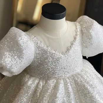 Nové Flitrami Biele Šaty pre Dievča Krstné Strany Dieťa Šaty Narodeniny Večerný Outfit Veľký Luk Princezná Svadobné Baby Girl Šaty