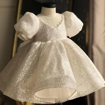 Nové Flitrami Biele Šaty pre Dievča Krstné Strany Dieťa Šaty Narodeniny Večerný Outfit Veľký Luk Princezná Svadobné Baby Girl Šaty