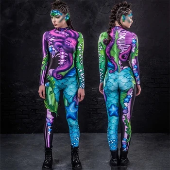 Nové Halloween Kostýmy pre Ženy Kostra Jumpsuit 3D Tlač Strašidelné Karneval Party Výkon Pančucháče Remienky Nóbl Oblečenie