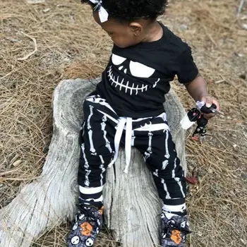 Nové Halloween Lebky Oblečenie Set Baby Boy Bavlna T-shirt Top Hárem Nohavice Black&White Dieťa Výstroj Deti Tepláková súprava Nastaviť