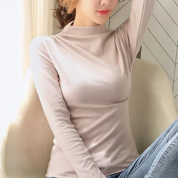 Nové jarné a jesenné dámske jednofarebné vysoký krk dlhý rukáv čistej bavlny T-shirt klesnutie tričko