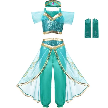 Nové Jasmine Aladdin Kostýmy Deti Arabská Princezná Šaty Pre Dievča, Indický Tanec výkon Oblečenie hlavový most Rukavice cosplay Parochne