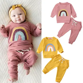 Nové Jeseň Novonarodené Deti Baby Girl Šaty Rainbow Dlhý Rukáv Mikina Topy+Prehrabať Nohavice, Oblečenie Jeseň Nastaviť