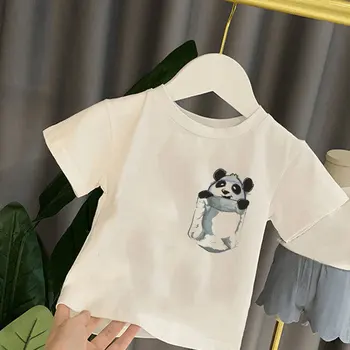 Nové Kreslené Chlapci Topy Panda Plaziť Krásne Vrecku Krátky Rukáv Dievčatá Tričká Unisex Letné Kolo Krku Deti Tshirt Kawaii Bežné
