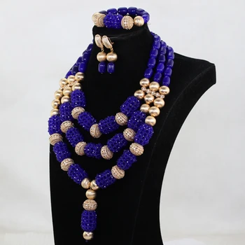 Nové Kráľovská Modrá Svadobné Afriky Korálky Šperky Set Crystal Korálkový Náhrdelník Prívesok Nastaviť Modrá Dubaj Zlaté Svadobné Šperky Set PJW182