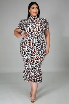 Nové Leopard Vytlačené Ženy Plus Veľkosť Šaty Skutočný Obraz XL-- 5XLShort Rukávy Volánikmi Morská víla Polovici Teľa Elegantné Lady Party Šaty