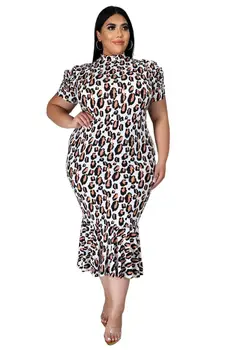 Nové Leopard Vytlačené Ženy Plus Veľkosť Šaty Skutočný Obraz XL-- 5XLShort Rukávy Volánikmi Morská víla Polovici Teľa Elegantné Lady Party Šaty