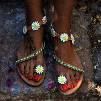 Nové Letné Dámske Topánky Ploché Podpätky Sandále Módne Žena Pohodlné Sladké Kvety Plážové Sandále Plus Veľkosť 42 43 44 Kolo Podpätky