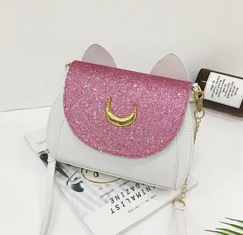 Nové Letné Sailor Moon Fashion Reťazca Taška cez Rameno Akcie Obrázok Luna Mačka PU Kožené Sequin Kabelky Ženy Messenger Malé Tašky