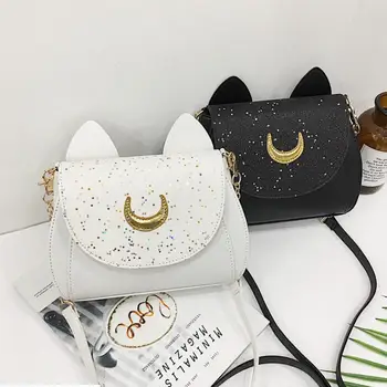 Nové Letné Sailor Moon Fashion Reťazca Taška cez Rameno Akcie Obrázok Luna Mačka PU Kožené Sequin Kabelky Ženy Messenger Malé Tašky