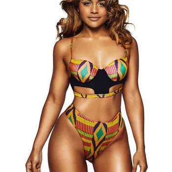 Nové Letné Ženy Pevné Bikiny Žien Africkej Tlače Bikini Set Plavky S Push-Up Underwire Polstrovaná Plavky, Plážové Oblečenie A1