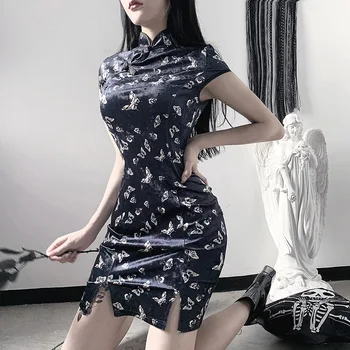Nové Letné Ženy Vintage Čínsky Štýl Cheongsam Čierne Pozdĺžne Vysoký Pás Šaty Gothic Sexy Butterful Tlač Ženské Party Šaty