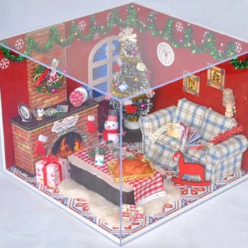 Nové Miniatúrny domček pre bábiky s Nábytkom, DIY Dom Kit Plus Prachu Dôkaz , 1:24 Drobné Dom Stavebných Kit，(Veselé Vianoce.）