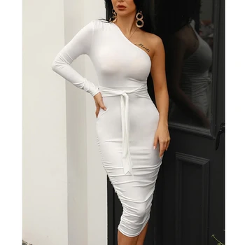 Nové Módne 2020 Ženy, Biela Slim Fit Party Šaty Na Jedno Rameno Ruched Dizajn Bodycon Šaty
