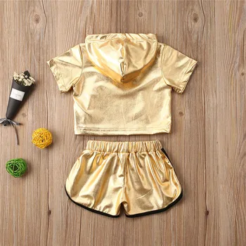 Nové Módne Letné Baby Girl Športové Oblečenie, Oblečenie Sady Voľné Kapucňou Zlatá Farba Topy Bežné Nohavice 2KS Vyhovuje