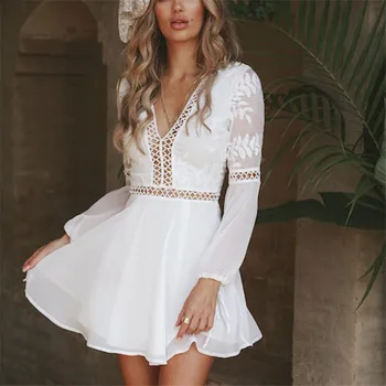 Nové Módne Ženy Bežné Sexy tvaru Dlhý Rukáv Čipkou Trim Krátke Mini Šaty biele šaty vestido