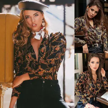 Nové módne ženy heslo reťazec vytlačené vintage, blúzky, košele ženskej móde high street criss-cross v krku topy, blúzky tričko