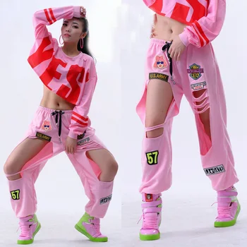 Nové Módne Ženy Nohavice Ds výkon nosenie jazz Hip Hop tanečné kostýmy hiphop odznak prášok otvor bežné nohavice